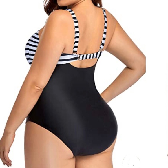 Daci Retro Colorblock Stripes Tummy Control Ruched One Piece Swimsuit Plus 28W - Picture 2 of 13